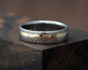 Prstan - Damaščansko jeklo in črta - Rumeno zlato - Simon Vida Jewelry